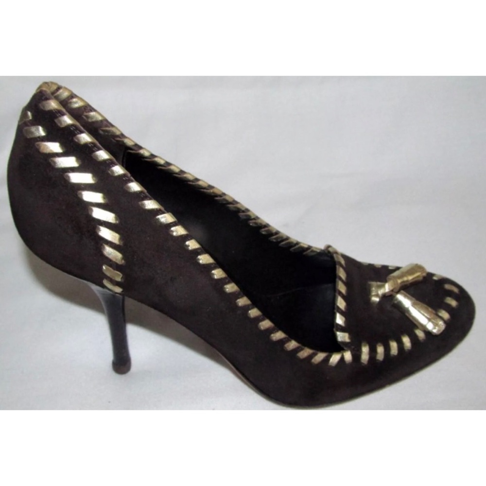 GUCCI Brown Suede Tassel Loafer Gold Stitch Heel Pumps Shoes Womens Size 6B 6 B - Picture 3 of 15
